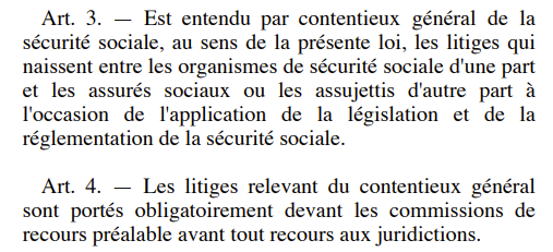 Loi n° 08-08, articles 3 et 4 : contentieux général de la sécurité sociale et recours préalable