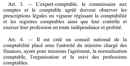 Articles 3 et 4 : obligations du comptable agréé et Conseil national de la comptabilité