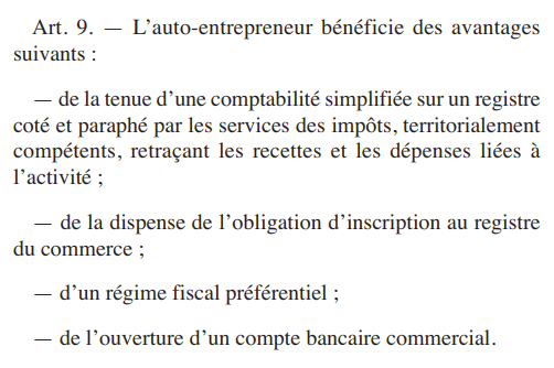 Article 9 : avantages de l'auto-entrepreneur